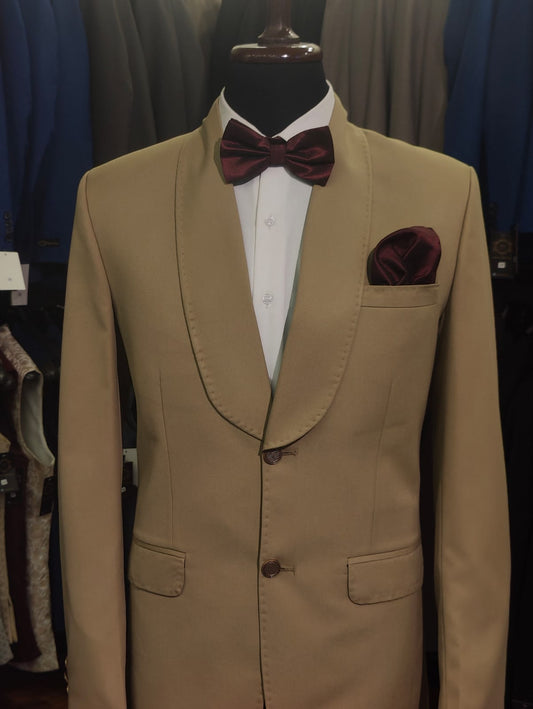 Beige Satin Tuxedo with Contrast Maroon Bow Tie