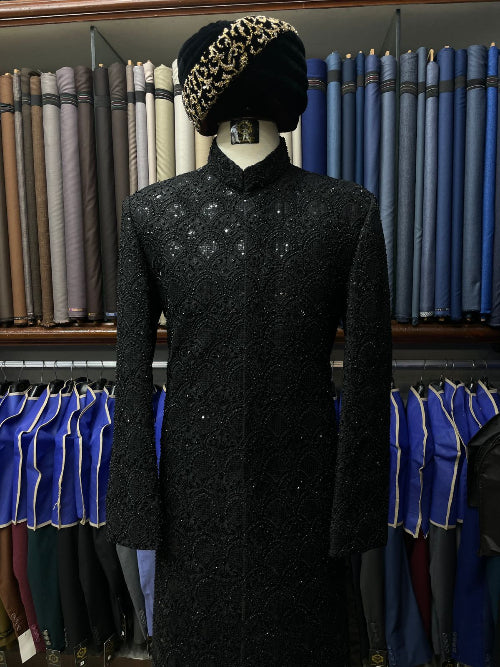 Midnight Black Messori Hand-Embellished Designer Sherwani