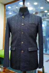 Midnight Blue Embroidered Sherwani with Subtle Sequin Accents