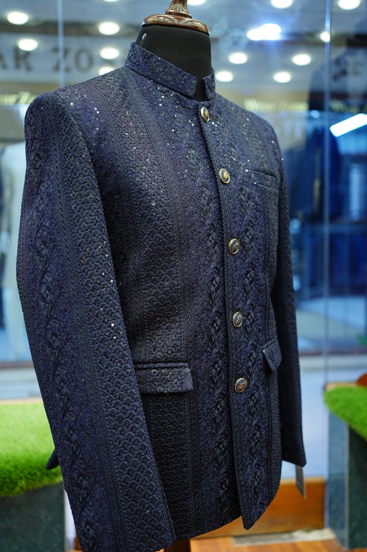 Midnight Blue Embroidered Sherwani with Subtle Sequin Accents
