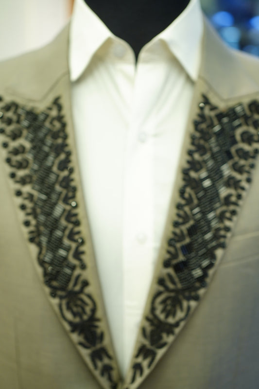 Elegant Beige Blazer with Black Embroidered Lapel