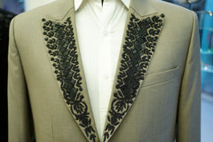 Elegant Beige Blazer with Black Embroidered Lapel