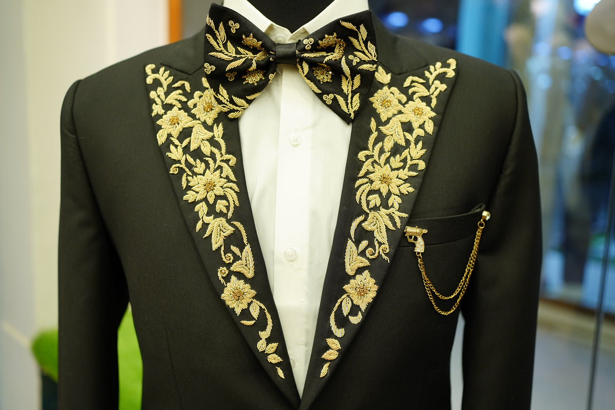 Black Embroidered Tuxedo with Golden