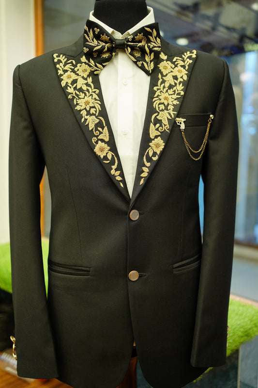 Black Tuxedo with Gold Floral Embroidery Detailing