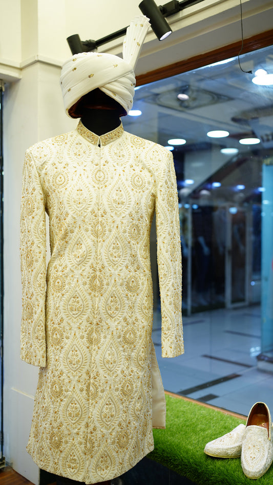 OFF-WHITE MESSORI SHERWANI with Detailed Hand Embriodry WITH TURBUN+KHOOSA