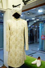 OFF-WHITE MESSORI SHERWANI with Detailed Hand Embriodry WITH TURBUN+KHOOSA