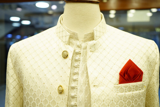 Off-White Formal Prince Coat with Red Pocket Square