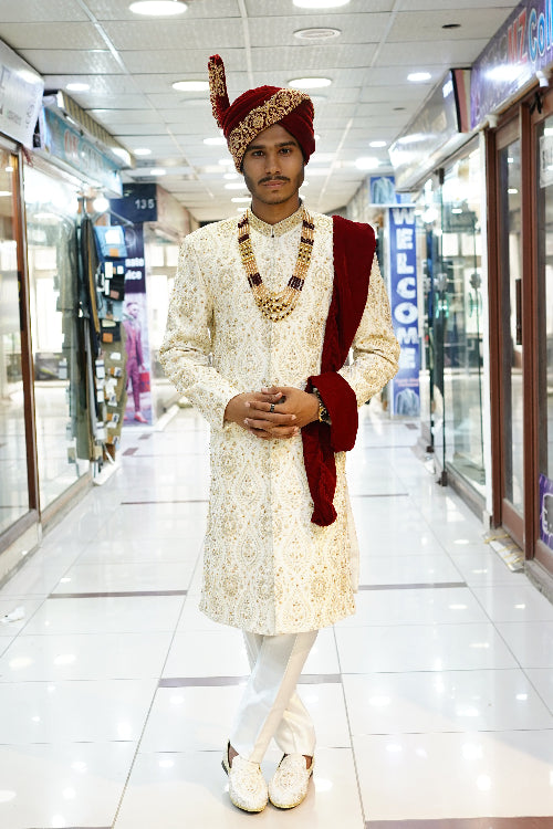 Royal Cream Sherwani with Gold Hand Embroidery WITH TURBUN+KHOOSA