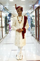 Royal Cream Sherwani with Gold Hand Embroidery WITH TURBUN+KHOOSA