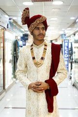 Royal Cream Sherwani with Gold Hand Embroidery WITH TURBUN+KHOOSA