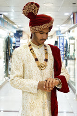 Royal Cream Sherwani with Gold Hand Embroidery WITH TURBUN+KHOOSA