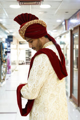 Royal Cream Sherwani with Gold Hand Embroidery WITH TURBUN+KHOOSA