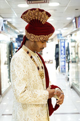 Royal Cream Sherwani with Gold Hand Embroidery WITH TURBUN+KHOOSA