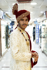 Royal Cream Sherwani with Gold Hand Embroidery WITH TURBUN+KHOOSA