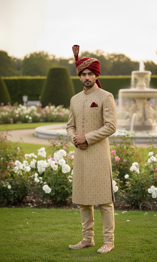 Man in traditional Wedding Golden Sherwani with red turban standing in a garden with a fountain in the background