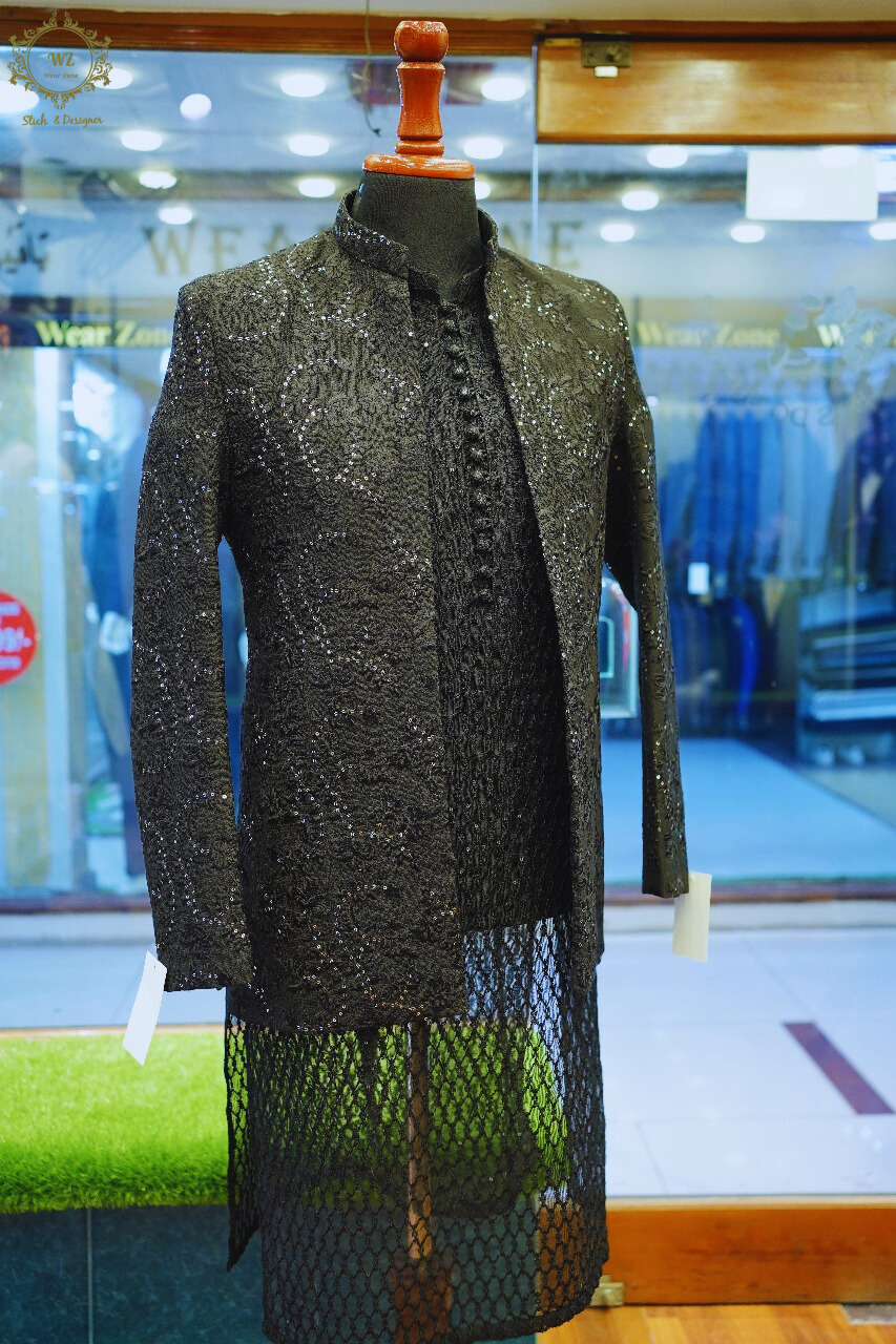 Front Open Prince Coat With Chikankari Kurta And Plain Black Pajama