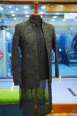 Front Open Prince Coat With Chikankari Kurta And Plain Black Pajama