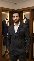 Double breasted Black suit with white lines