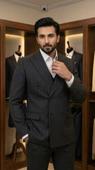 Double breasted Black suit with white lines