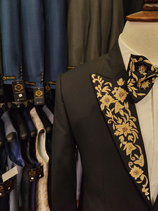 Black Tuxedo with Gold Floral Embroidery Detailing