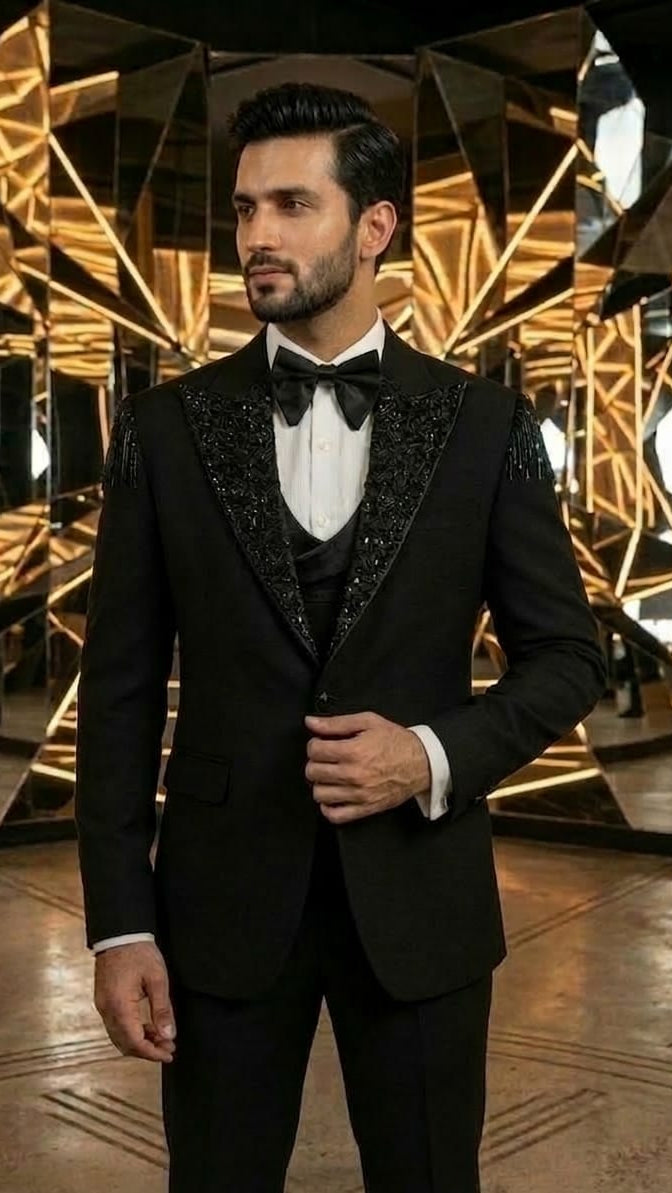 Jet Black Three Piece Suit With Black Embroidery