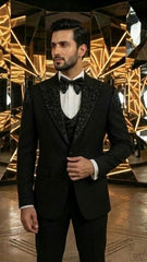 Jet Black Three Piece Suit With Black Embroidery