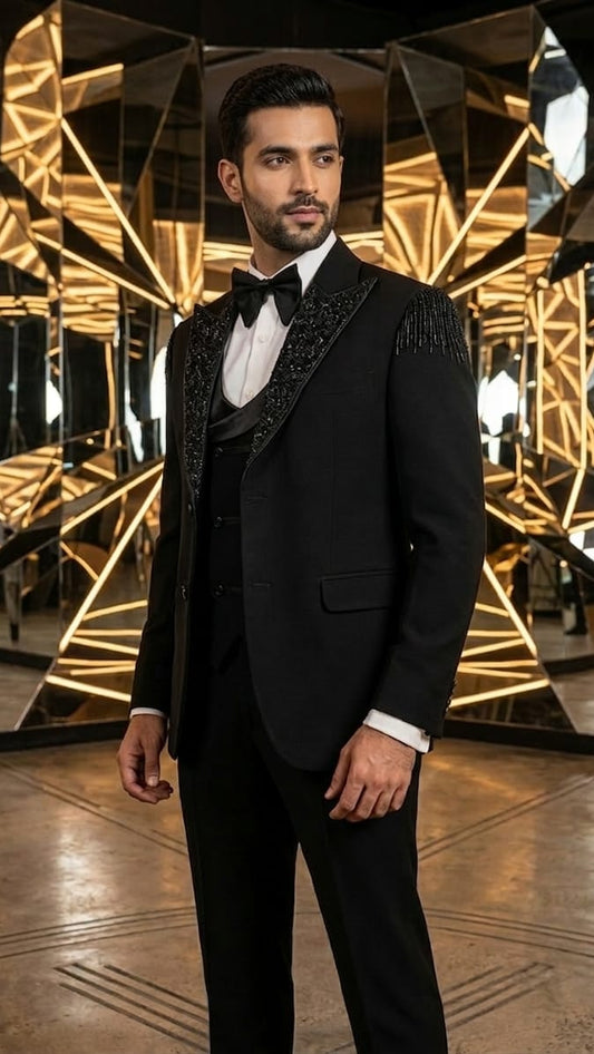Jet Black Three Piece Suit With Black Embroidery