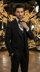 Jet Black Three Piece Suit With Black Embroidery