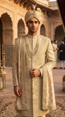 Luxury Golden Groom Sherwani – Premium Wedding Wear for Men