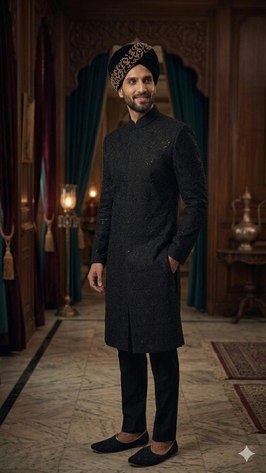 Midnight Black Messori Hand-Embellished Designer Sherwani