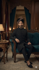 Midnight Black Messori Hand-Embellished Designer Sherwani