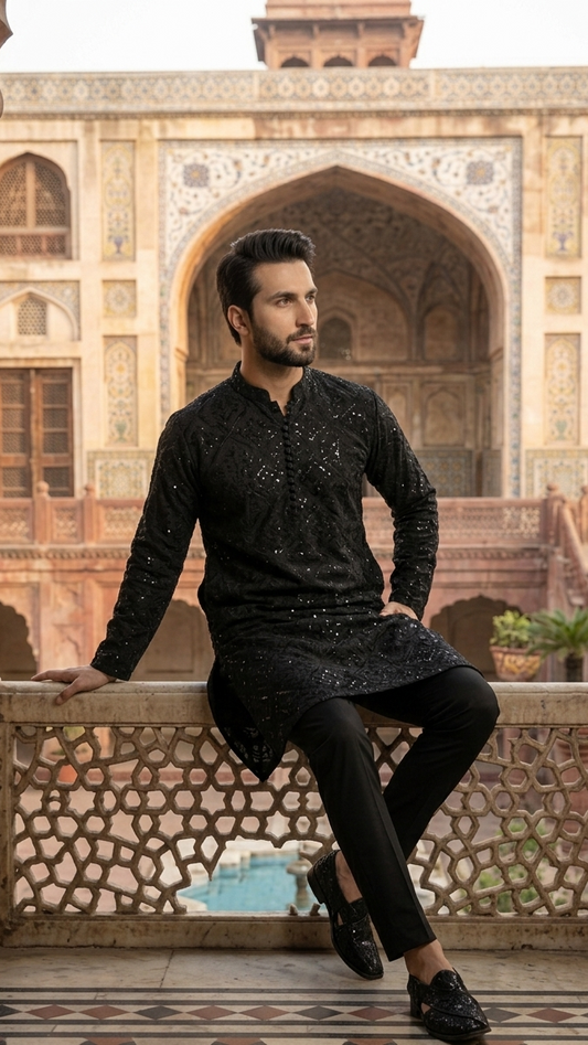 Black Messori Kurta Pajama – Premium Men’s Wedding & Festive Wear | Wearzone