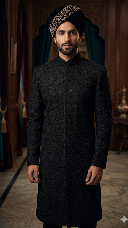 Midnight Black Messori Hand-Embellished Designer Sherwani